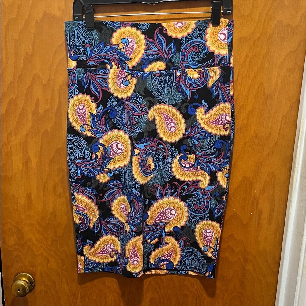 LuLaRoe Black Pencil Skirt with Blue, Yellow & Pink Paisley